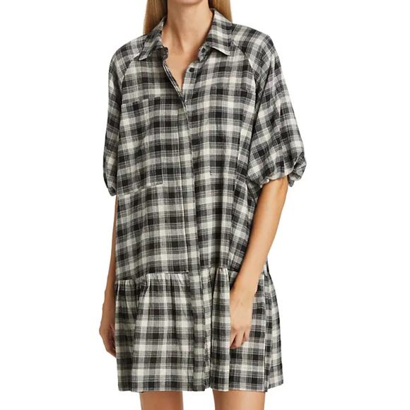 Jonathan Simkhai Crissy Black Plaid Checkered Short Puff Sleeve Mini Shirt Dress - Picture 1 of 9